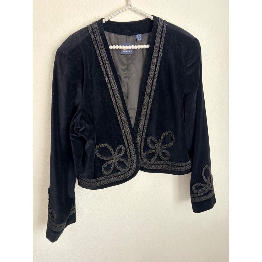 Lizsport Velvet Bolero Jacket 14 Black Excellent Soutache Trim Cropped Vintage